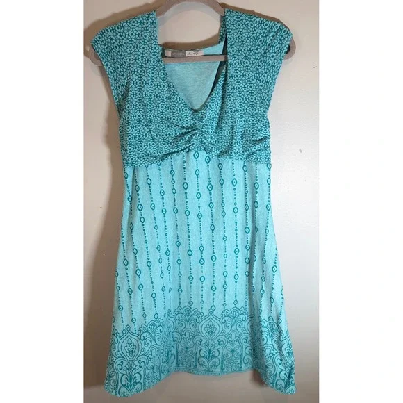 Athleta Knit Mini Dress Womens Size Medium Aqua Blue Boho Ruched V-Neck - Picture 7 of 7